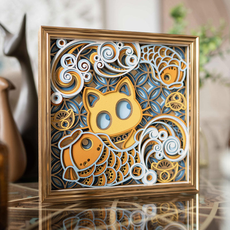 Original Framed Wall Art Hollow Wood Sculpture Painting Hanging Fortune Cat Fish Carving