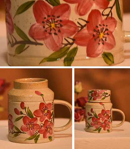 Hand painted peach flower colorful glaze hand painted stoneware mug