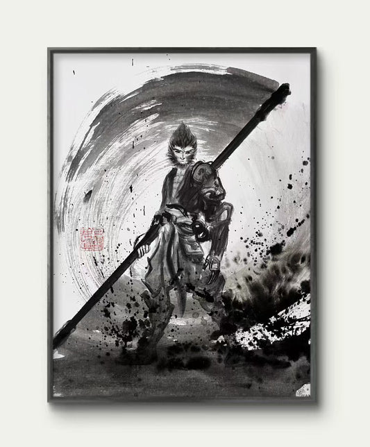 Artist Original Hand-Painted Ink Painting, Journey To The West Monkey King WuKong